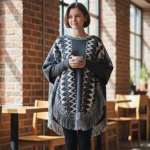 #292 Aggel Stylish Black and White Patterned Women's Poncho